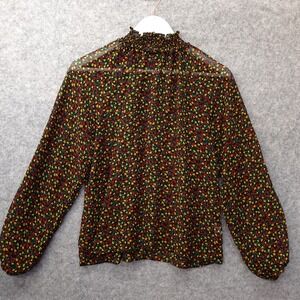 Black Sheer Blouse Womens MEDIUM Floral Smocked Neck Ditsy Boho Whimsigoth GAP